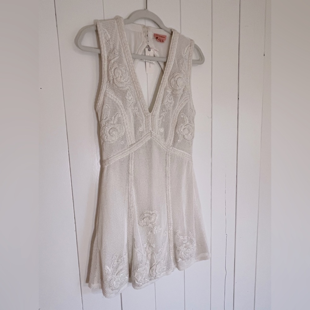 Anthropologie Not So Serious beaded white mini dress